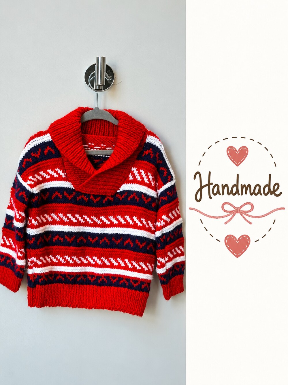 Handmade Kids Knit Sweater Red Navy White Fair Isle Shawl Collar-3T UNISEX